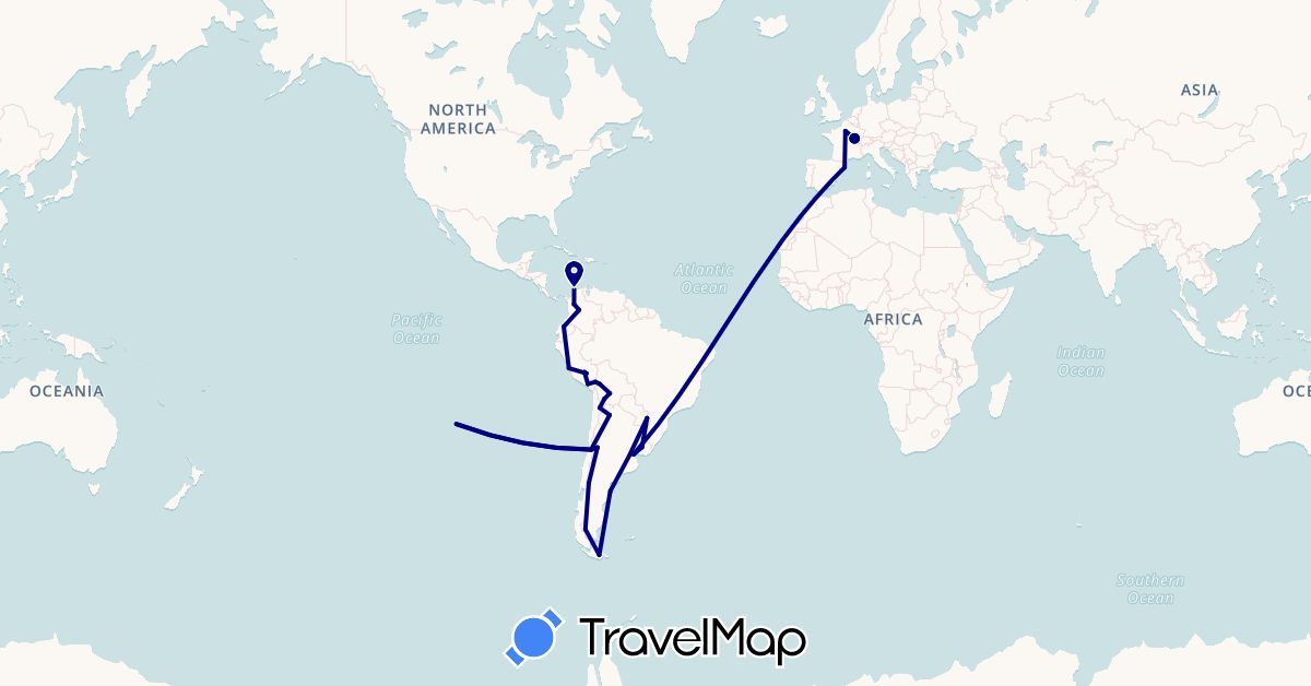TravelMap itinerary: driving in Argentina, Bolivia, Chile, Colombia, Ecuador, Spain, France, Peru, Uruguay (Europe, South America)